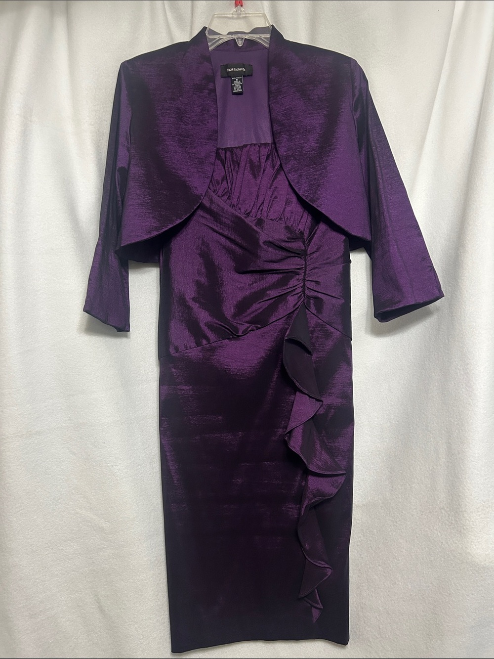R & M Richards Purple Satin Ruffle Sheath Dress with Bolero - Picture 2 of 13